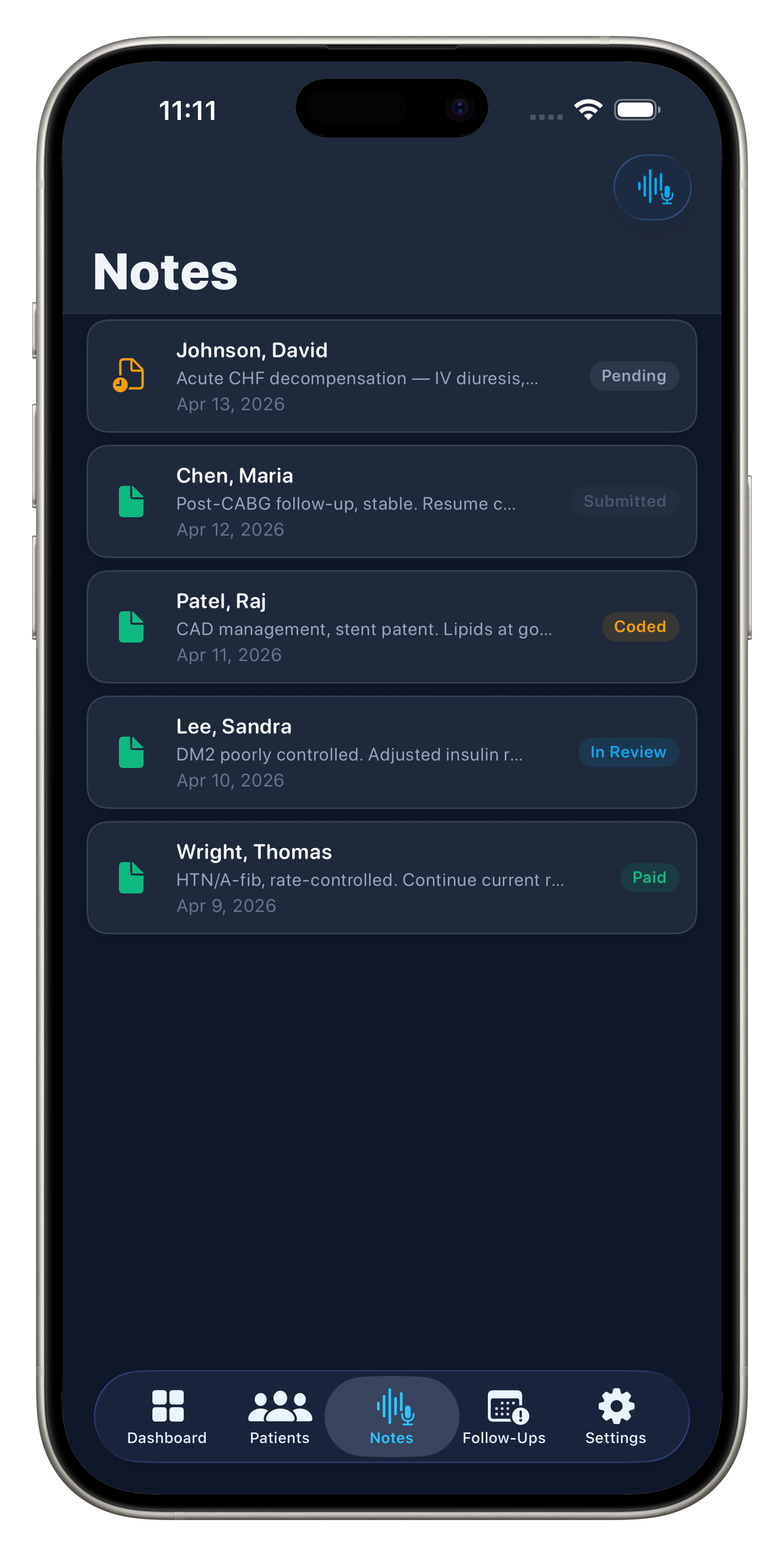 Aurora AI Scribe — Clinical notes list with billing status