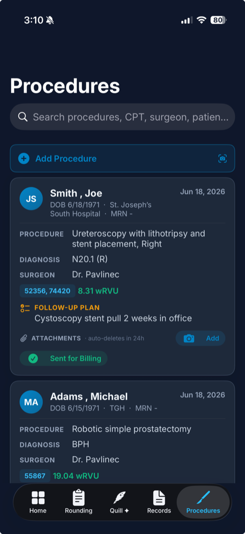 Notafid - Procedure tracker logging same-day surgeries and OR cases with CPT codes and wRVUs